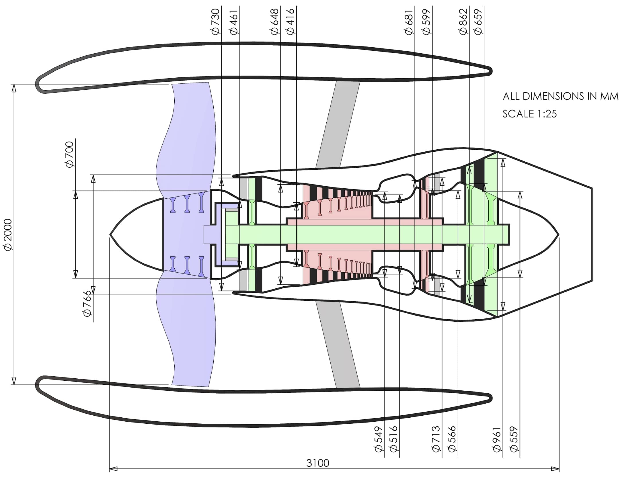 Engine schematic — dimensions